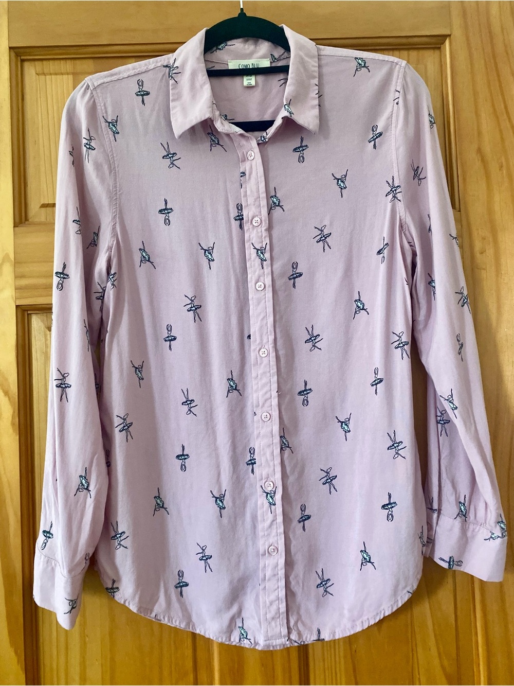 Como Blu Pink Ballerina Print Button Front Rayon Blouse Long Sleeve Petite Small